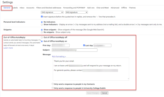 Screenshot of Gmail settings showing where to find the out-of-office response